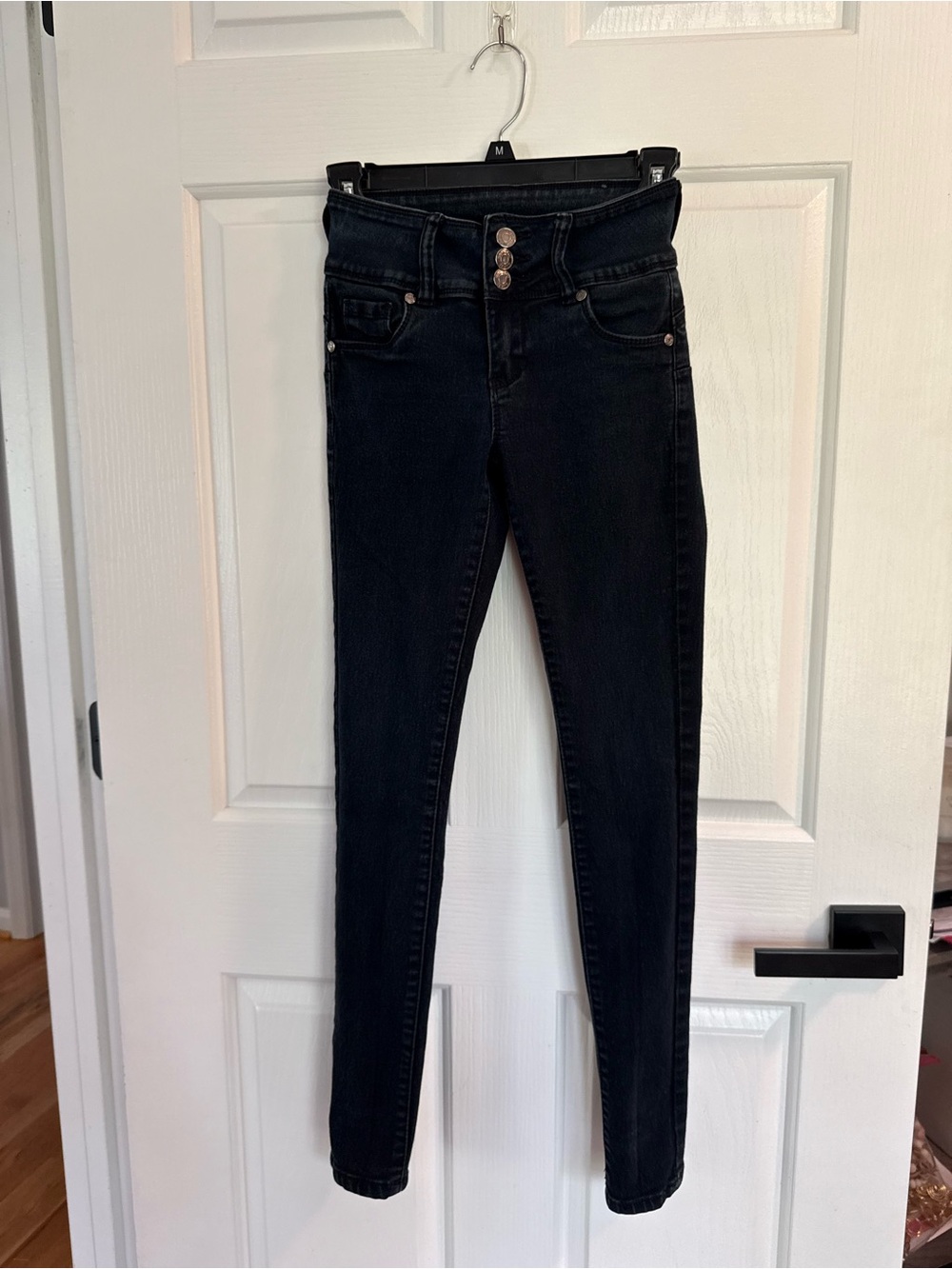 BAMBOO High-Rise Triple-Button Skinny Jeans in Black